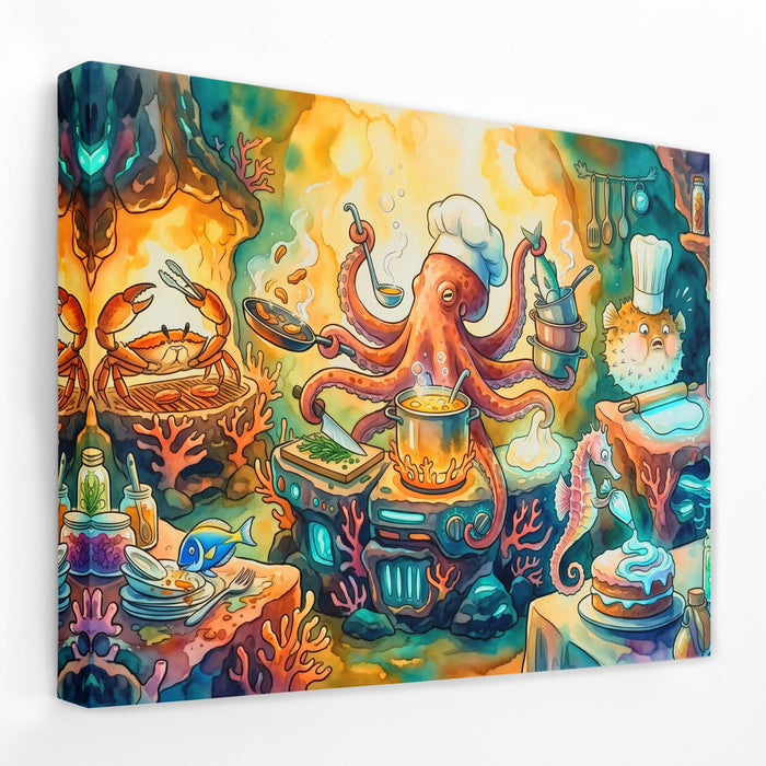 Chef Octopus Cooking canvas wall art