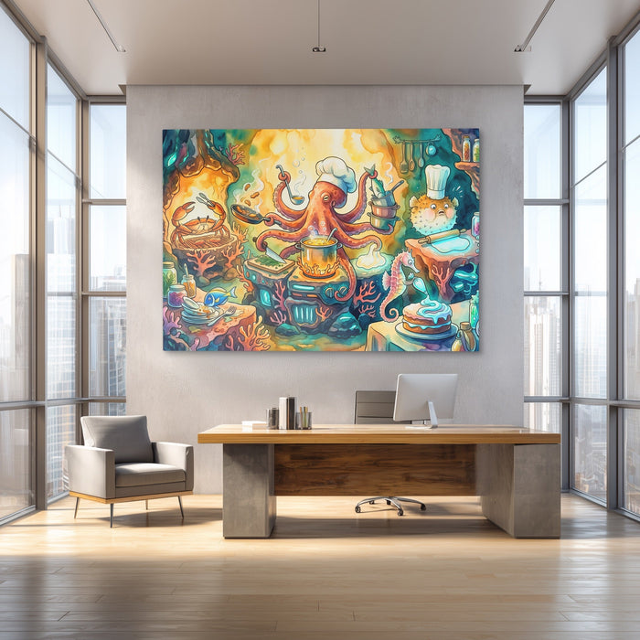 Chef Octopus Cooking canvas wall art, room view