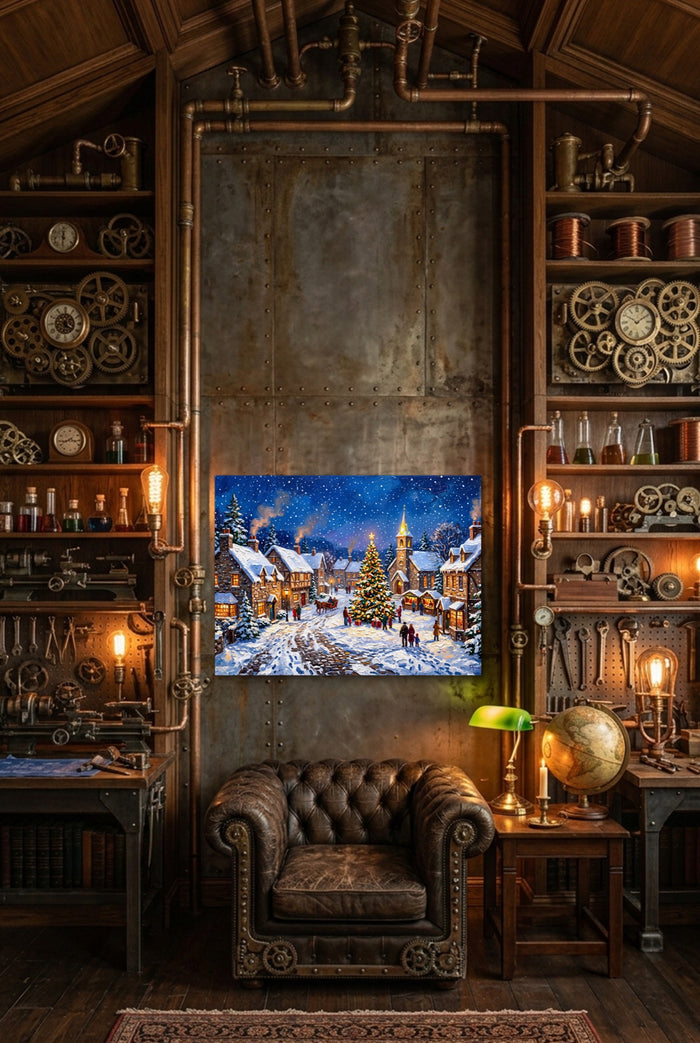 Christmas Village Snowfall — christmas village snowfall p steampunk themed room interior 1land flush print