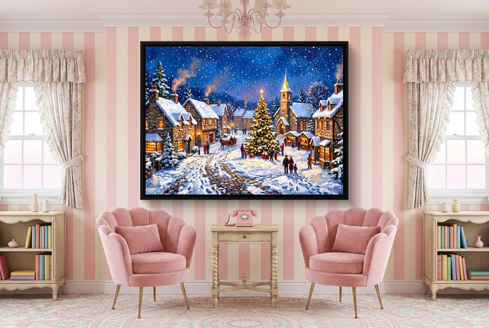 Christmas Village Snowfall — christmas village snowfall pink living room interior 1land framed black