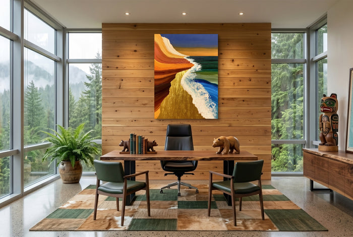 Coastal Brushstroke Flow — coastal brushstroke flow office with wooden desk 1port flush print