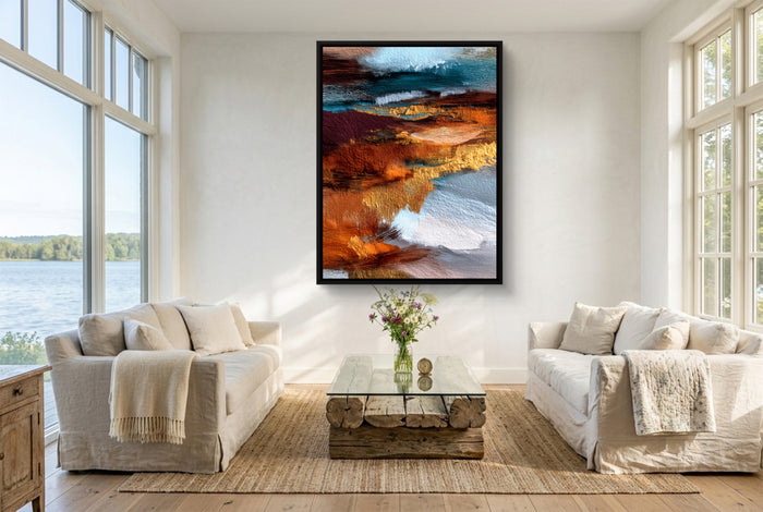 Coastal Tides Ink Wash — coastal tides ink wash living room with couches 1port framed black