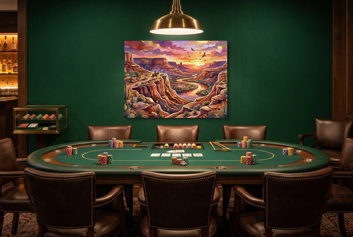 Cowboy Canyon Sunset — cowboy canyon sunset green table with chairs 1land flush print