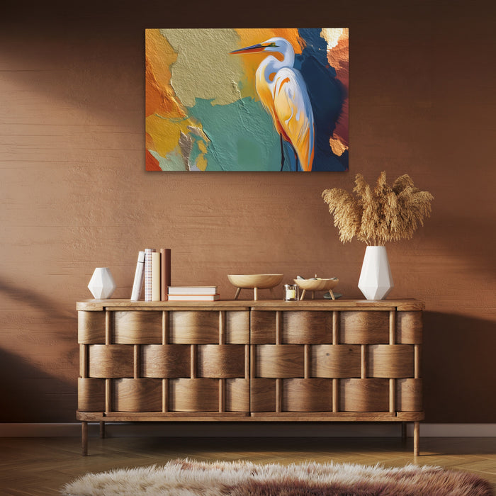 Crane Earthtone Rising canvas wall art, room view