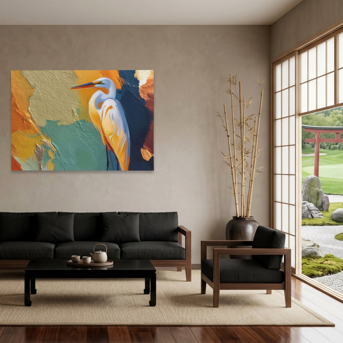 Crane Earthtone Rising canvas wall art, room view