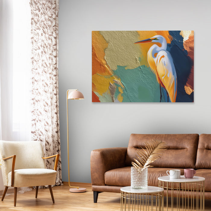 Crane Earthtone Rising canvas wall art, room view