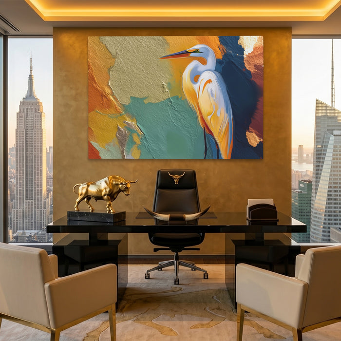 Crane Earthtone Rising canvas wall art, room view