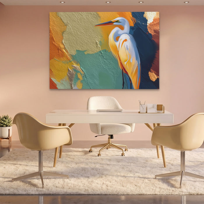 Crane Earthtone Rising canvas wall art, room view