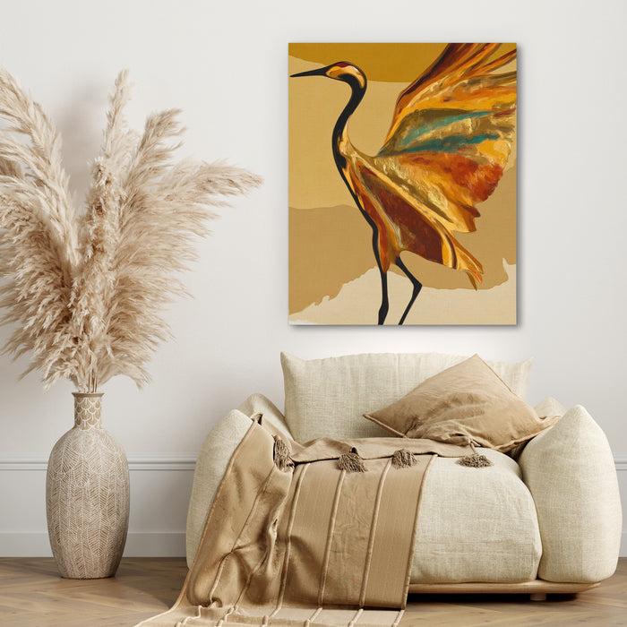 Crane Golden Wings canvas wall art, room view