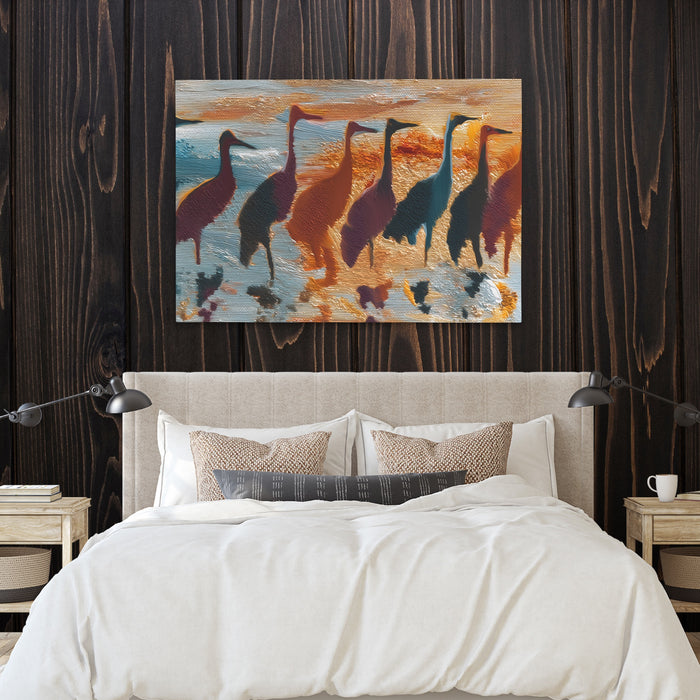 Cranes Golden Migration canvas wall art, room view