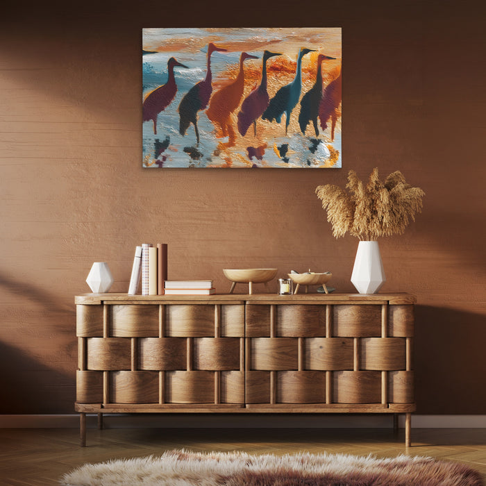 Cranes Golden Migration canvas wall art, room view
