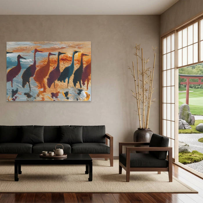 Cranes Golden Migration canvas wall art, room view