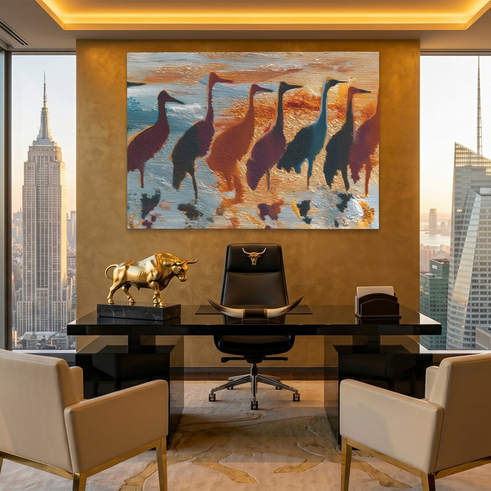 Cranes Golden Migration canvas wall art, room view