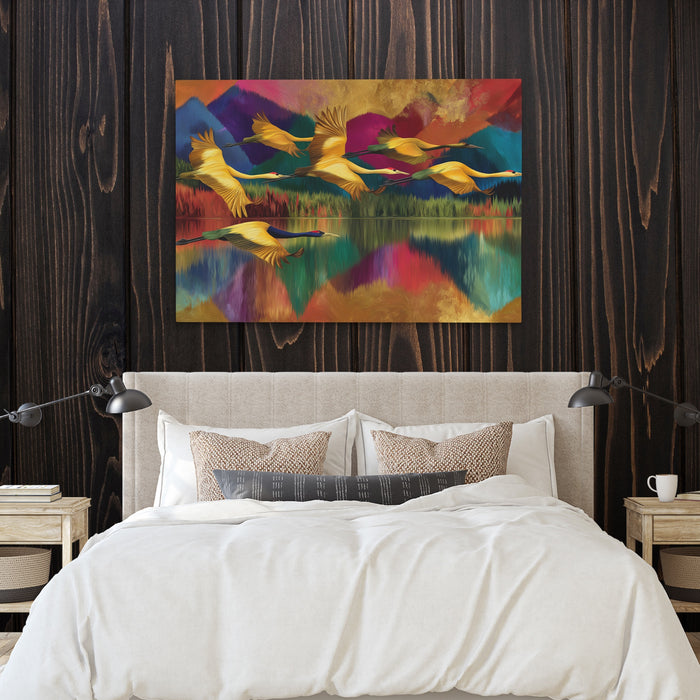 Cranes Mountain Reflection canvas wall art, room view