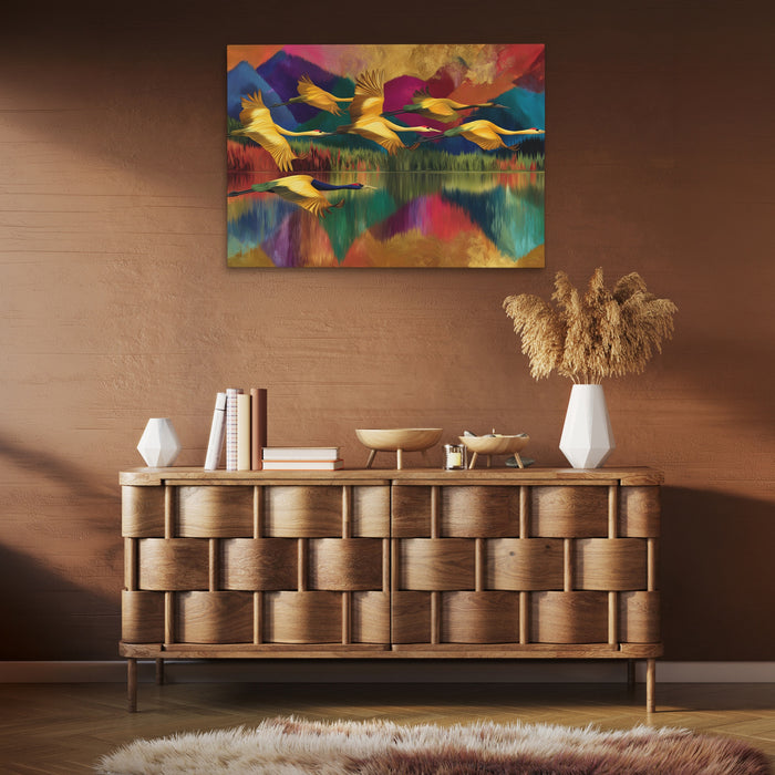 Cranes Mountain Reflection canvas wall art, room view