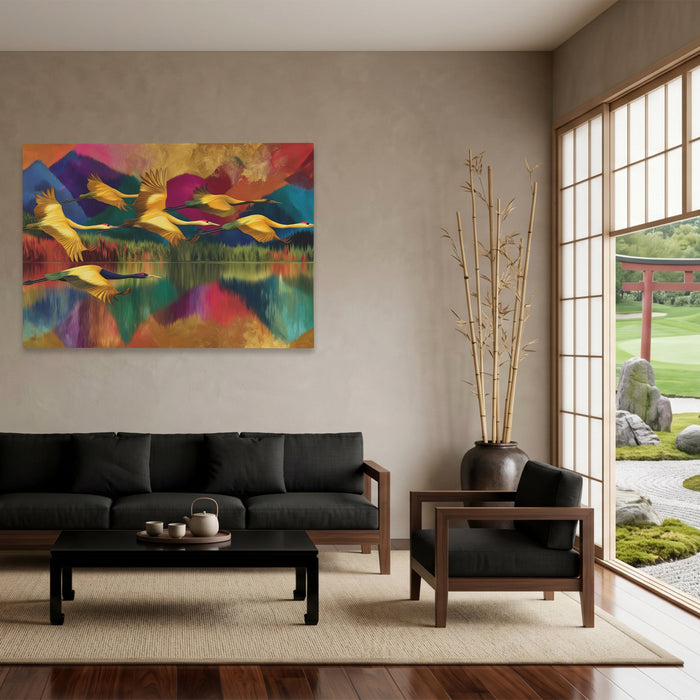Cranes Mountain Reflection canvas wall art, room view