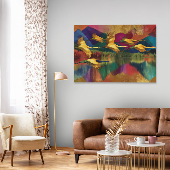 Cranes Mountain Reflection canvas wall art, room view