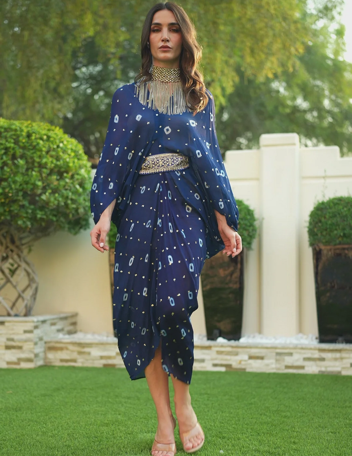Deep Navy Blue Chinon Midi Dress