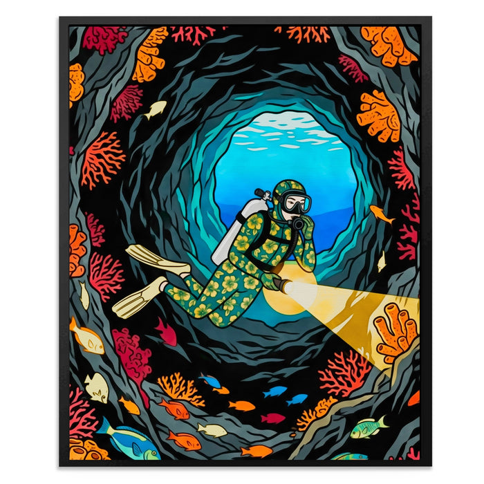 Diver Coral Cavern canvas wall art, room view