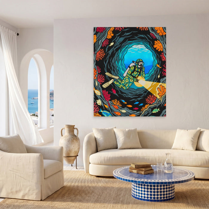 Diver Coral Cavern canvas wall art, room view