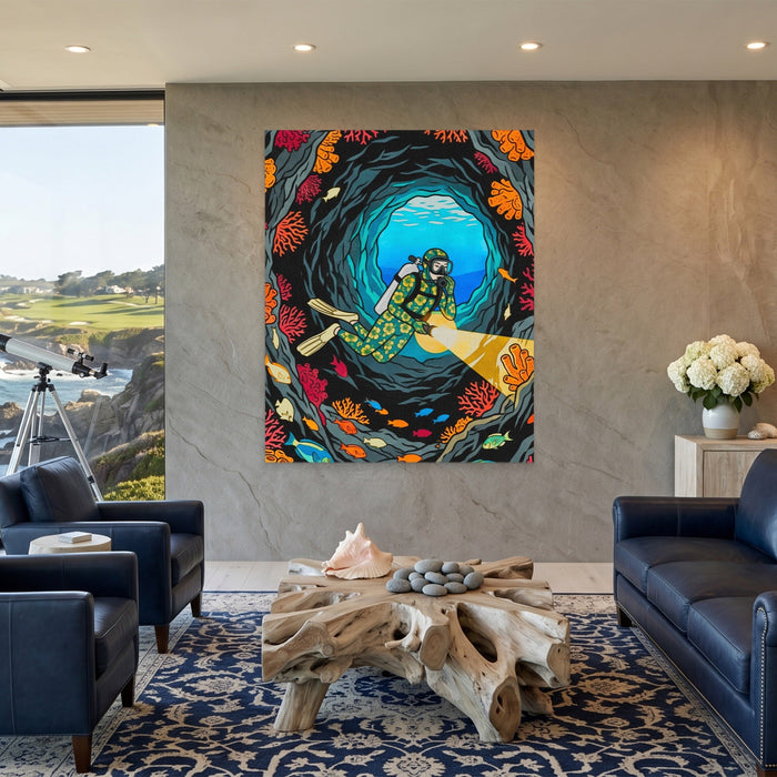 Diver Coral Cavern canvas wall art, room view
