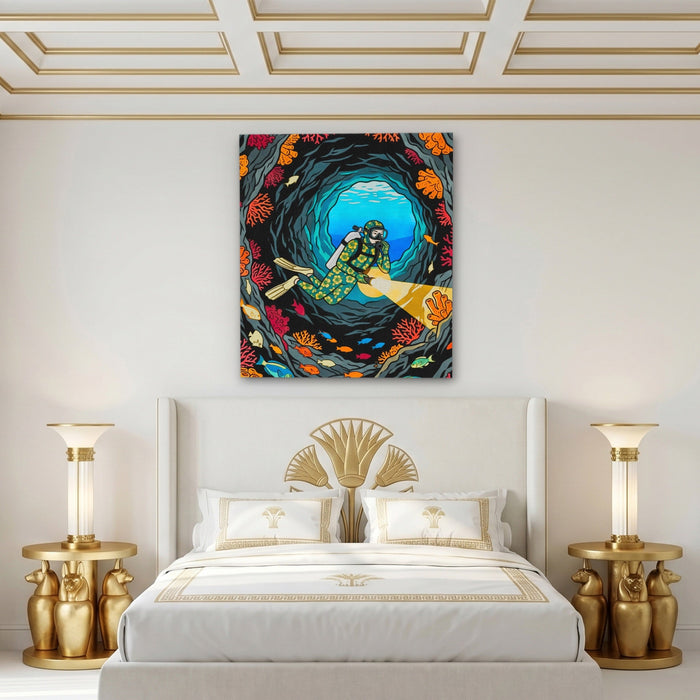 Diver Coral Cavern canvas wall art, room view