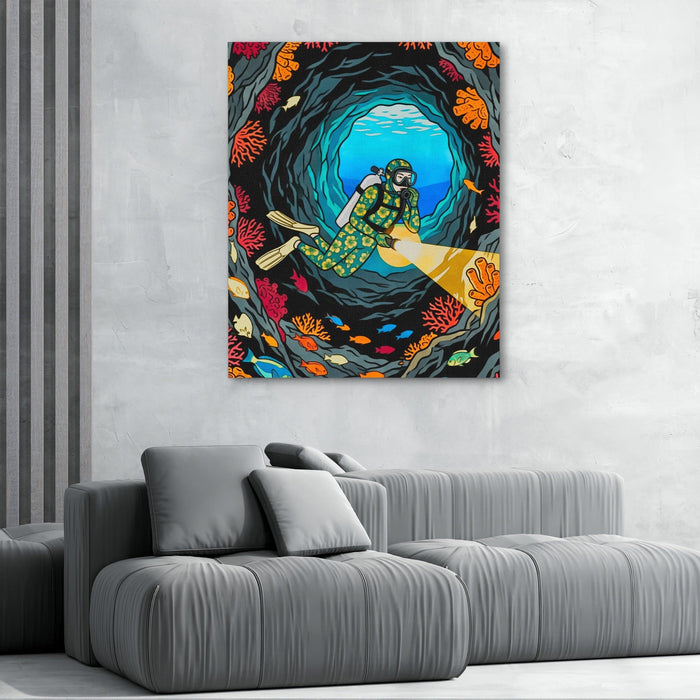 Diver Coral Cavern canvas wall art, room view