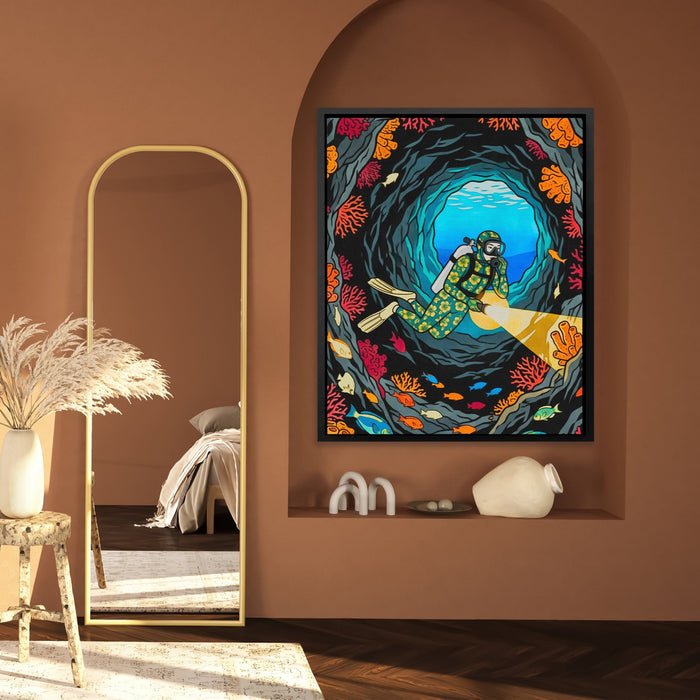 Diver Coral Cavern canvas wall art, room view