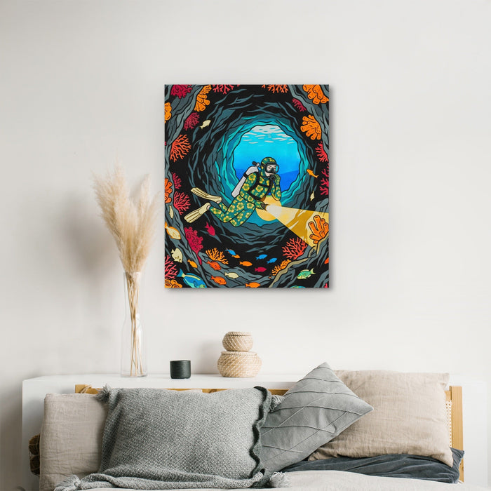 Diver Coral Cavern canvas wall art, room view