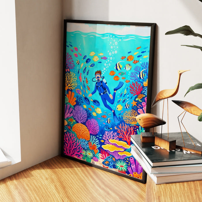 Diver Coral Kingdom canvas wall art, room view
