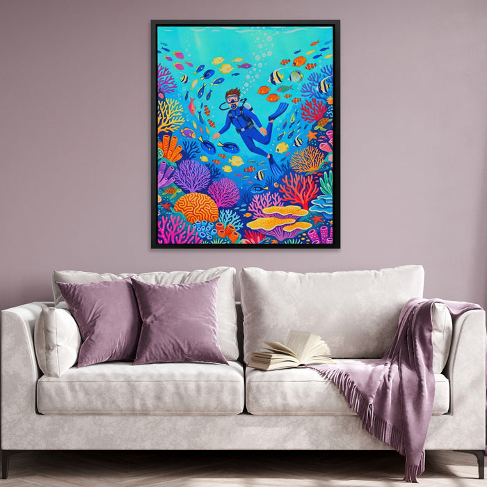 Diver Coral Kingdom canvas wall art, room view