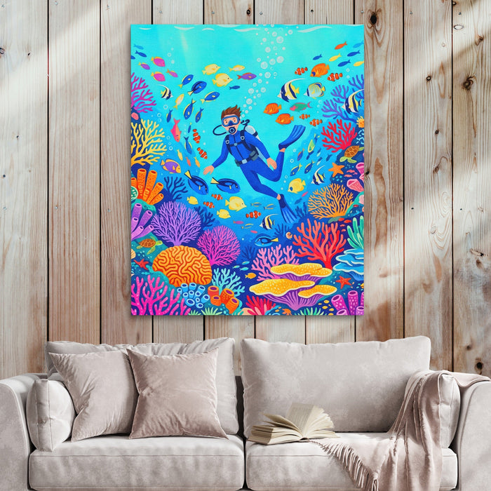 Diver Coral Kingdom canvas wall art, room view