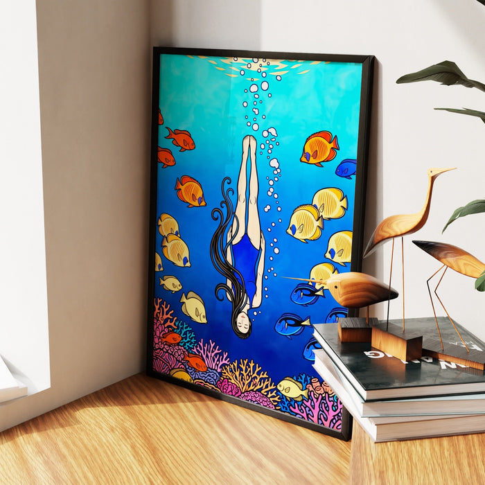 Diver Coral Reef canvas wall art, room view