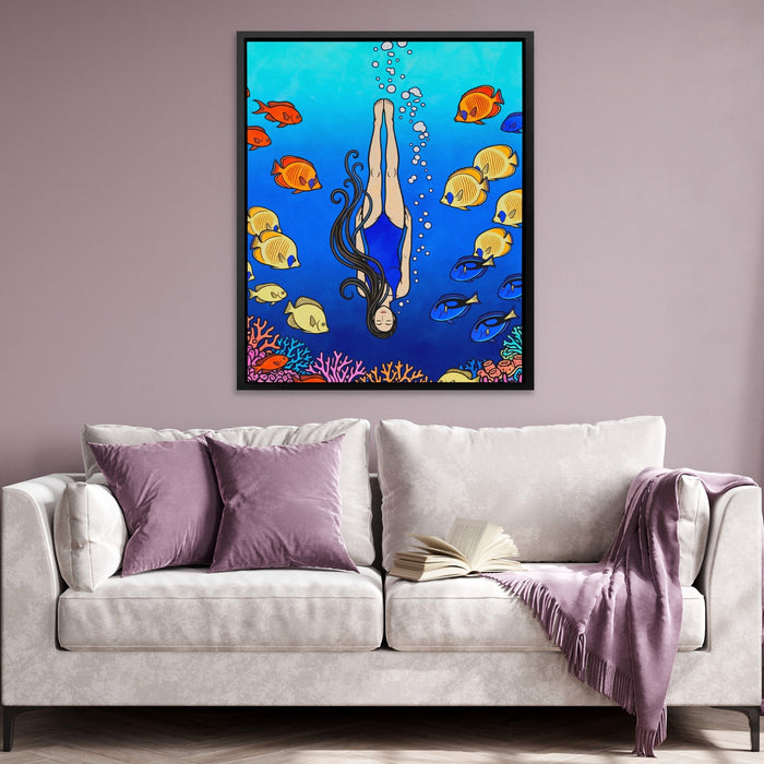 Diver Coral Reef canvas wall art, room view