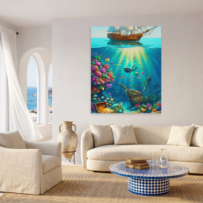 Diver Sunken Treasure canvas wall art, room view