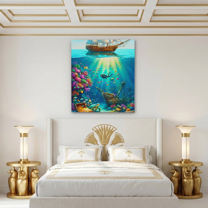 Diver Sunken Treasure canvas wall art, room view