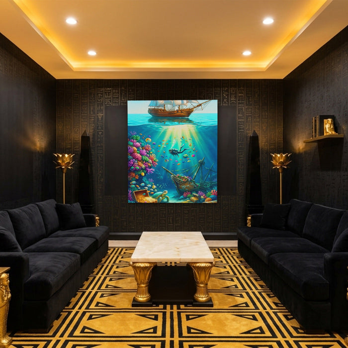 Diver Sunken Treasure canvas wall art, room view