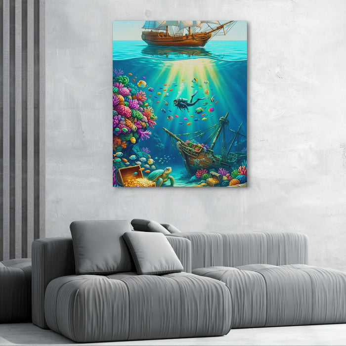 Diver Sunken Treasure canvas wall art, room view
