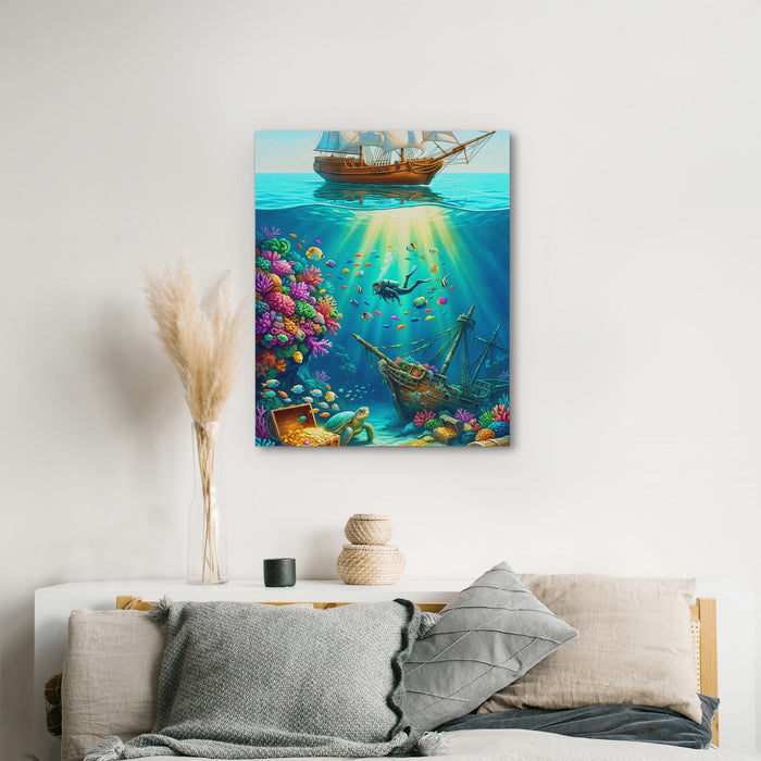 Diver Sunken Treasure canvas wall art, room view