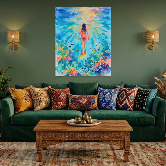 Diver Watercolor Reef canvas wall art, room view