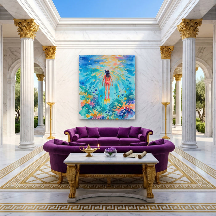 Diver Watercolor Reef canvas wall art, room view