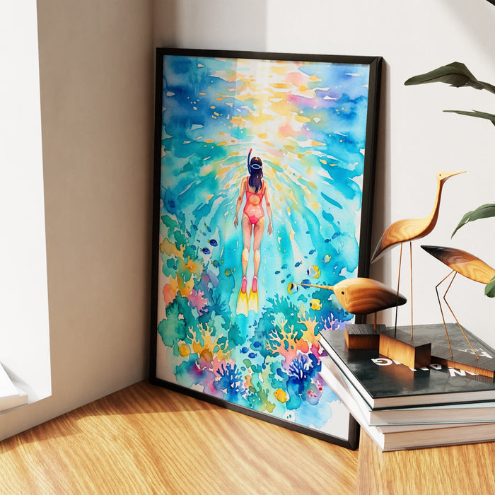 Diver Watercolor Reef canvas wall art, room view