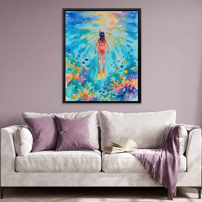 Diver Watercolor Reef canvas wall art, room view