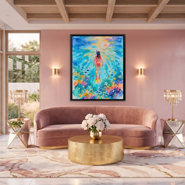 Diver Watercolor Reef canvas wall art, room view
