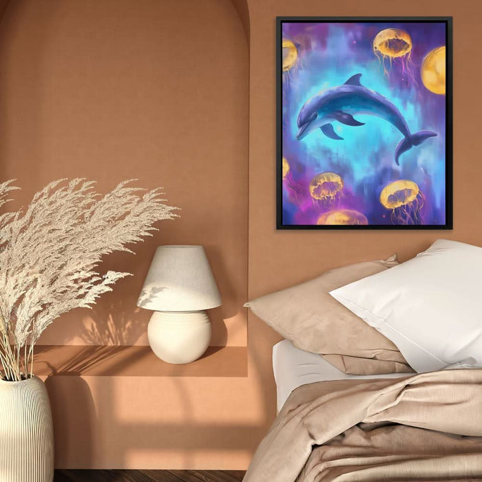 Dolphin and Jellies - Dolphin Wall Art in Black Frame