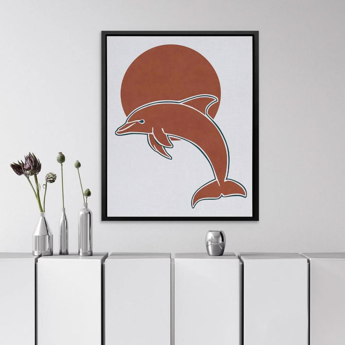Dolphin and Sun Circle - Contemporary Wall Art in Black Frame