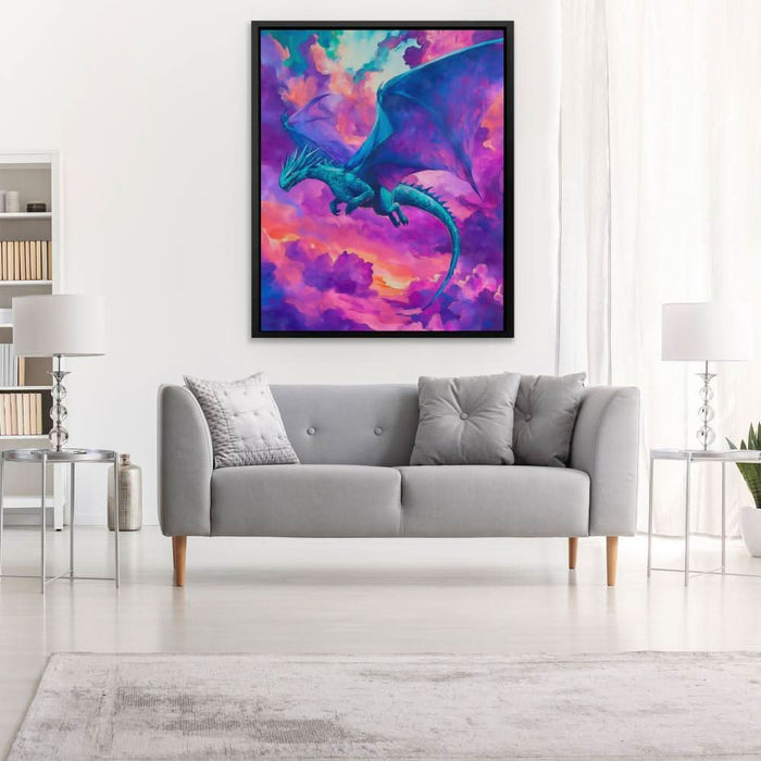 Dragon Among the Clouds - Pink and Purple Wall Art in Black Frame