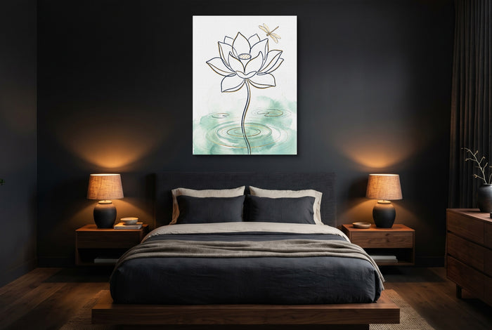Dragonfly Lotus Water — dragonfly lotus water bedroom with dark walls 1port flush print
