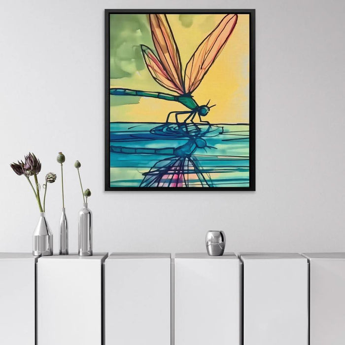 Dragonfly Reflection - Watercolor Wall Art in Black Frame