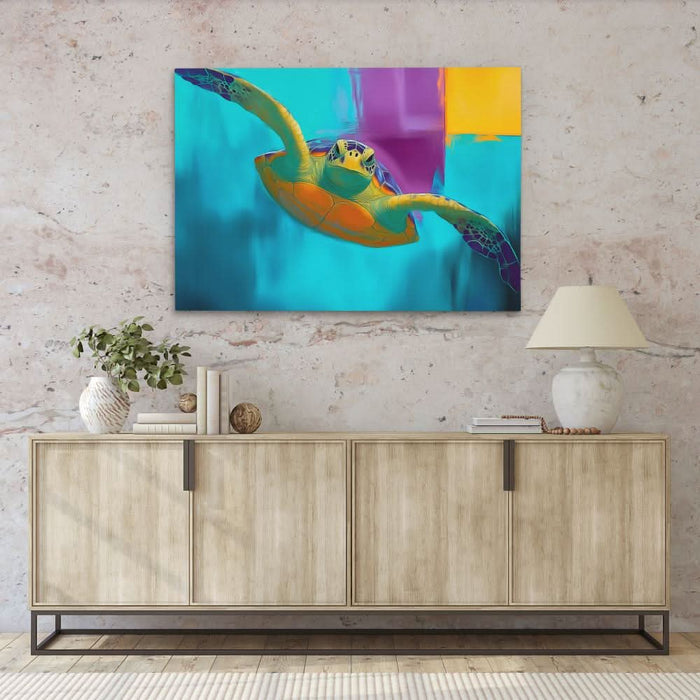Electric Tide Turtle - Blue Canvas Wall Art